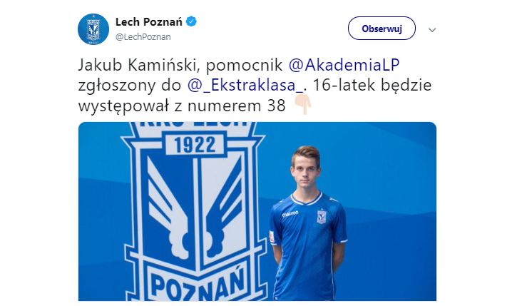 Lech Poznań zgłasza do Ekstraklasy kolejnego 16-latka!